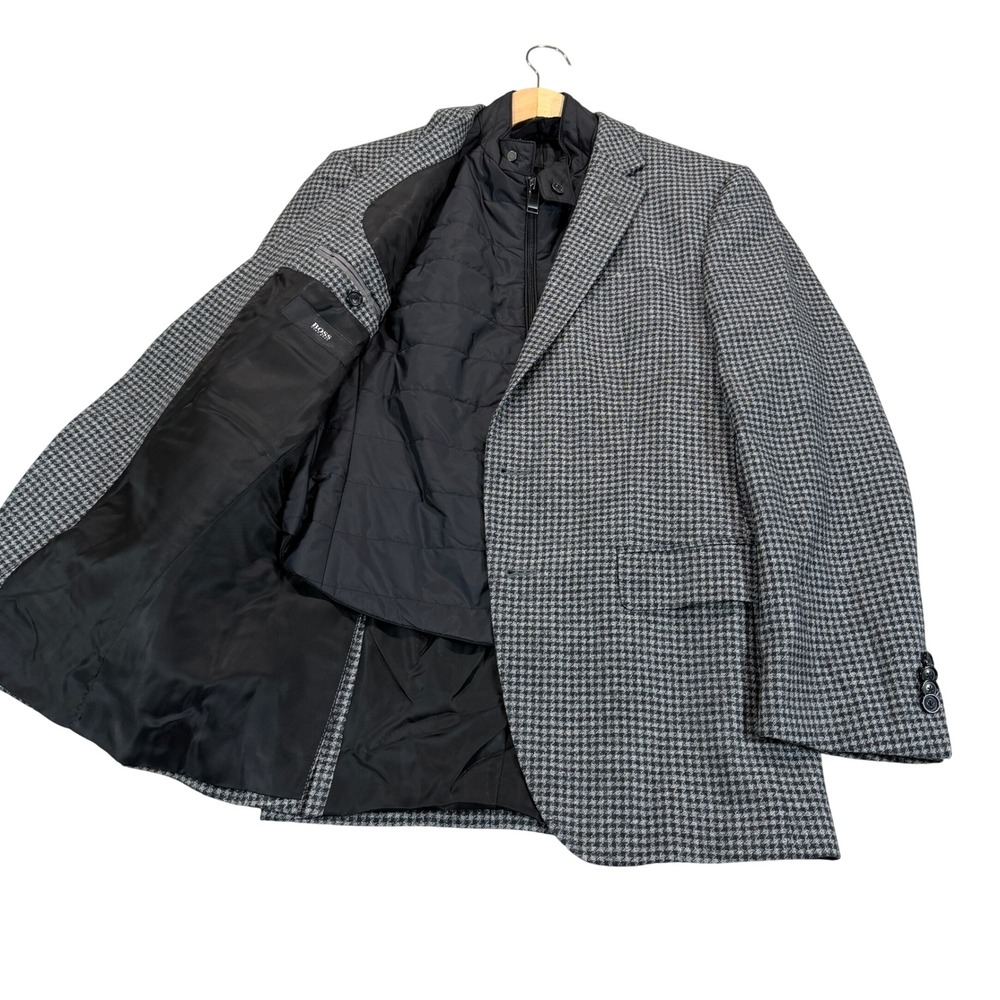 Hugo Boss Mens 36R Grey Houndstooth Wool Blazer Removable Puffer Vest Tesse EUC
